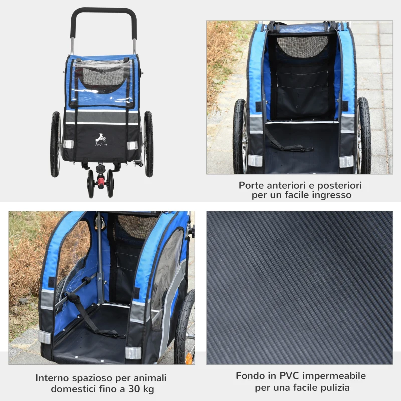 PawHut Carrello 2 in 1 Passeggino per Cani e Rimorchio Bici, Ruota Girevole Catarifrangenti e Bandierina 130x58x94cm Blu