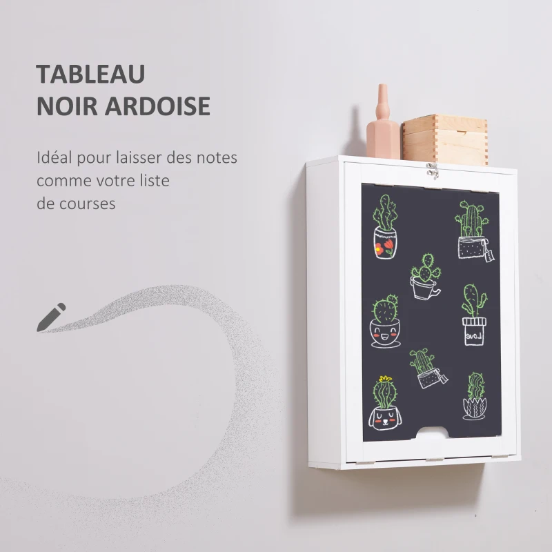 HOMCOM Bureau Mural Pliable Table Murale Rabattable Suspendue sur Pied étagère + Tableau à Craie intégré MDF Blanc