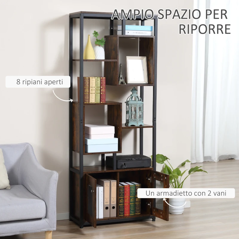 HOMCOM Mobile Libreria Scaffale in Stile Industriale con Armadietto a 2 Ante, Scaffale Salvaspazio a 8 Ripiani per Casa e Ufficio, 70x30x180cm, Marrone