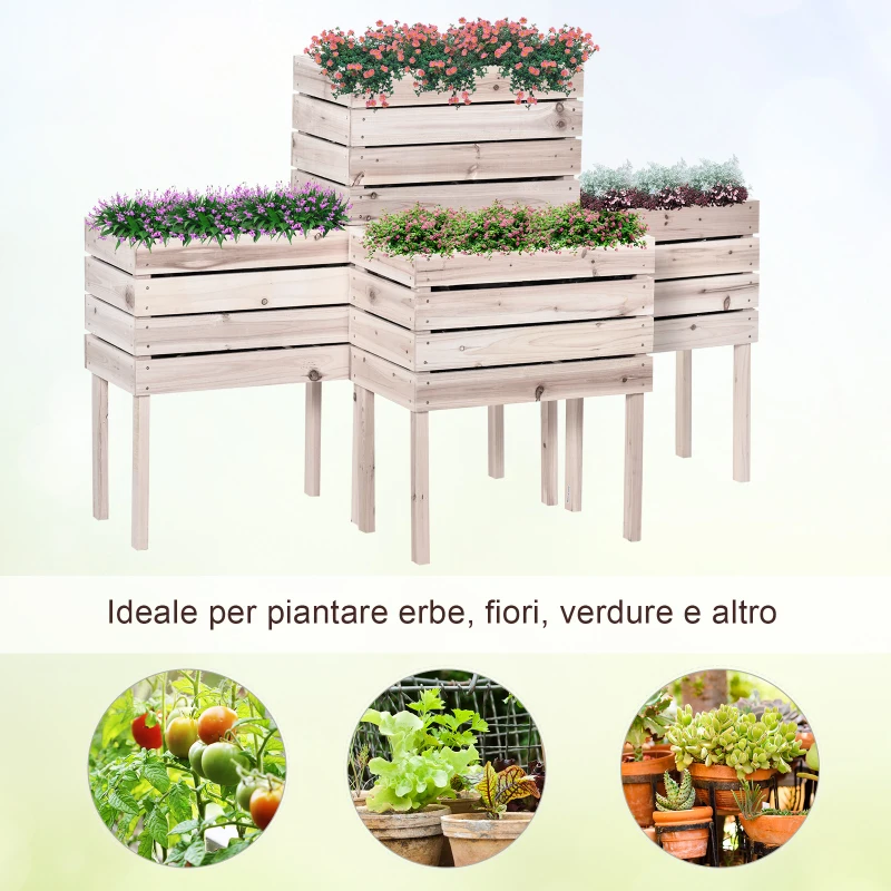 Outsunny Letto per Orto Rialzato con 4 Vasi Portapiante da 50x30x60cm, in Legno Colore Naturale