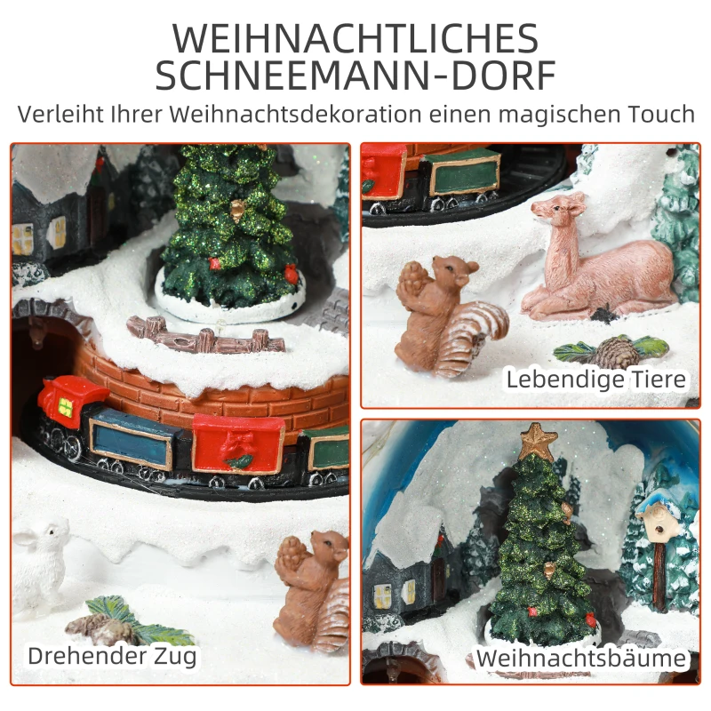 HOMCOM Weihnachtsdorf in Schneemann-Form mit fahrendem Zug, LED-Lichtern und Musik, festliche Tischdekoration, Mehrfarbig