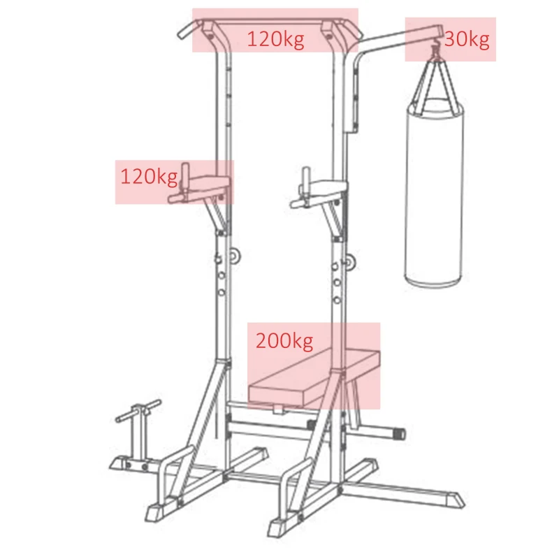 HOMCOM Kraftstation mit Klimmzugstange, Multifunktionale Dip-Station, Trainings-Gerät für Zuhause, mit Boxsack, Fitness, Stahl, Schwarz, 180 x 183 x 219 cm