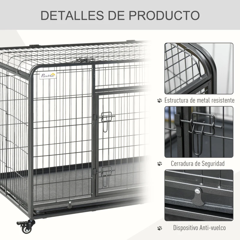 PawHut Jaula para Perros Plegable de Metal Jaula para Perros Grandes 125x76x81 cm con Ruedas y Frenos Bandeja Extraíble y Puerta con Pestillos para Golden Retriver Labrador Gris Oscuro