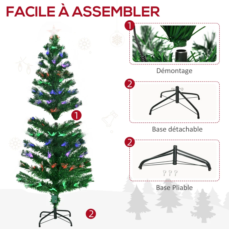 HOMCOM Sapin de Noël artificiel 150 cm en fibre optique couleurs 140 LED support pliable