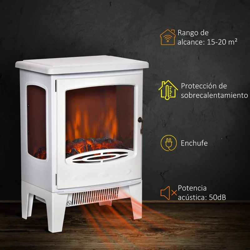 HOMCOM Chimenea Eléctrica 900W/1800W con Efecto de Llama Temperatura Ajustable y Protección Sobrecalentamiento Blanco