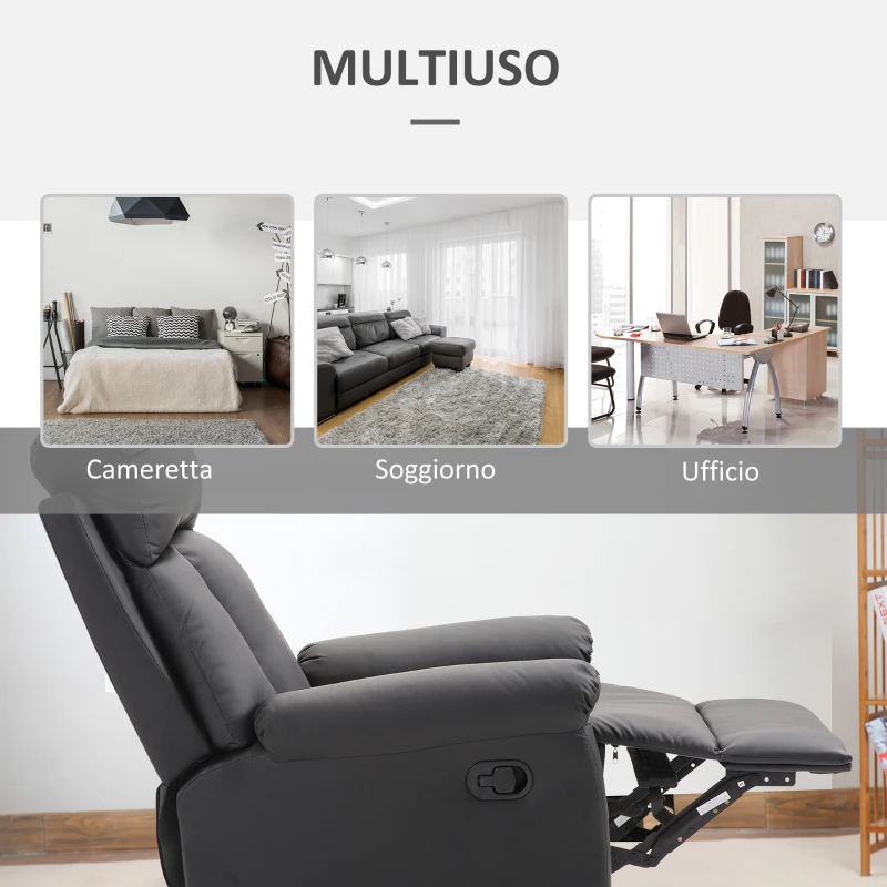 HOMCOM Poltrona Relax Reclinabile con Seduta Imbottita e Poggiapiedi, per Casa e Ufficio, in Pelle PU, 80x91x102 cm, Nera