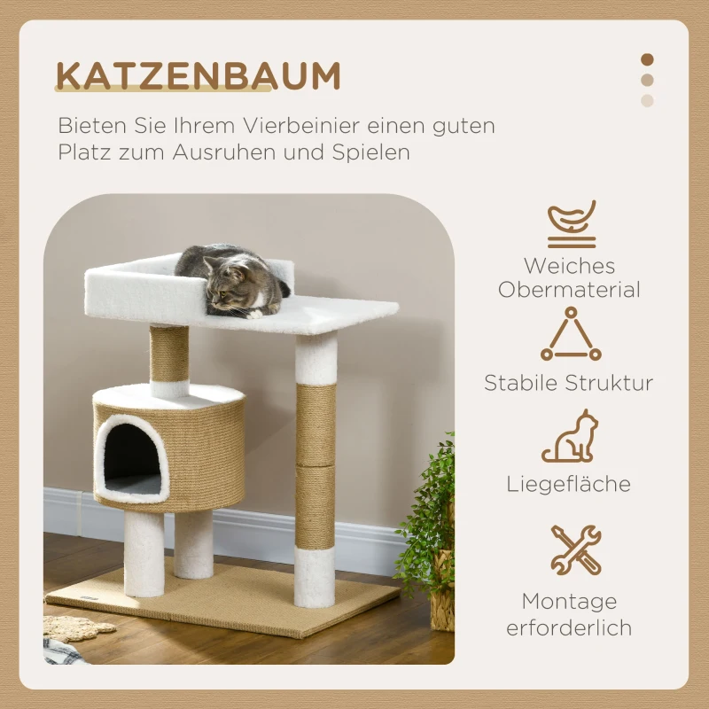 PawHut Kratzbaum Katzenbaum Katzenhöhle, 1 Katzenhöhle, 1 Liegefläche, 70 cm  x 49 cm x 79 cm, Natur + Weiß