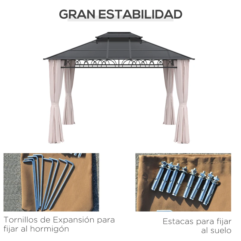 Outsunny Cenador de Jardín con Techo Doble Cortinas Opacas y Mosquiteras para Patio Fiestas Terraza 3,6x3m Negro y Caqui