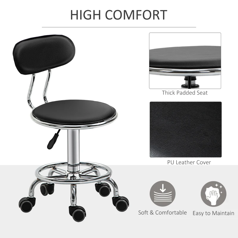 HOMCOM Salon Massage Chair, Height Adjustable Mid Back Swivel Stool on Wheels with PU Leather and Footrest for Hairdressing, Spa, Beauty, Tattoo, Manicure, Black