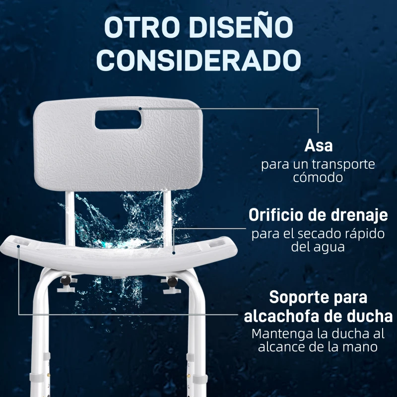 HOMCOM Taburete de Ducha Silla para Ducha con Respaldo Antideslizante Altura Regulable en 8 Niveles Carga 136 kg