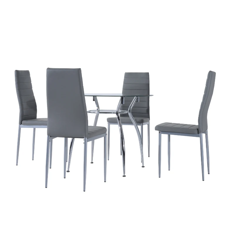 HOMCOM Five-Piece Dining Set, with Padded Chairs and Glass-Top Table - Grey