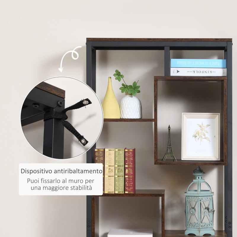 HOMCOM Mobile Libreria Scaffale in Stile Industriale con Armadietto a 2 Ante, Scaffale Salvaspazio a 8 Ripiani per Casa e Ufficio, 70x30x180cm, Marrone