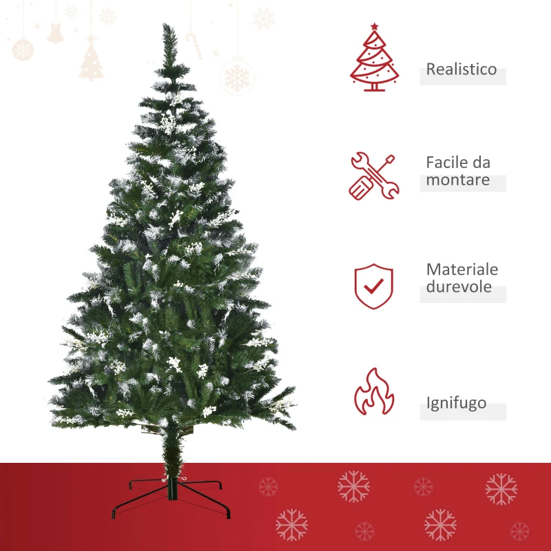 HOMCOM Albero di Natale Innevato 180cm con Bacche Decorative Bianche, Base Rimovibile Pieghevole, 603 Rami, Verde