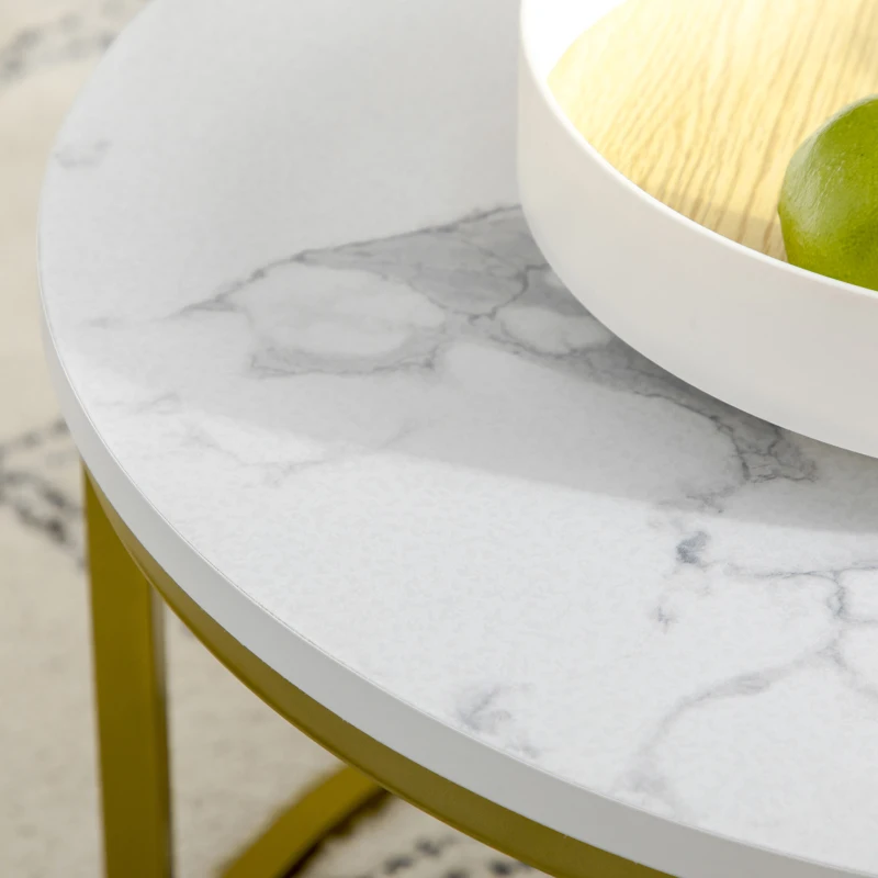 HOMCOM Lot de 2 tables basses gigognes tables rondes plateau aspect marbre et pied en acier Ø 74 x 46,3 cm blanc doré