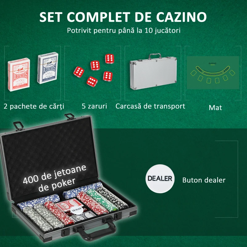 SPORTNOW Set de Poker pentru 10 Jucători cu 400 Jetoane, 2 Pachete de Cărți, 5 Zaruri, Geantă și Covor de Joc, 39,5x28x8 cm, Multicolor