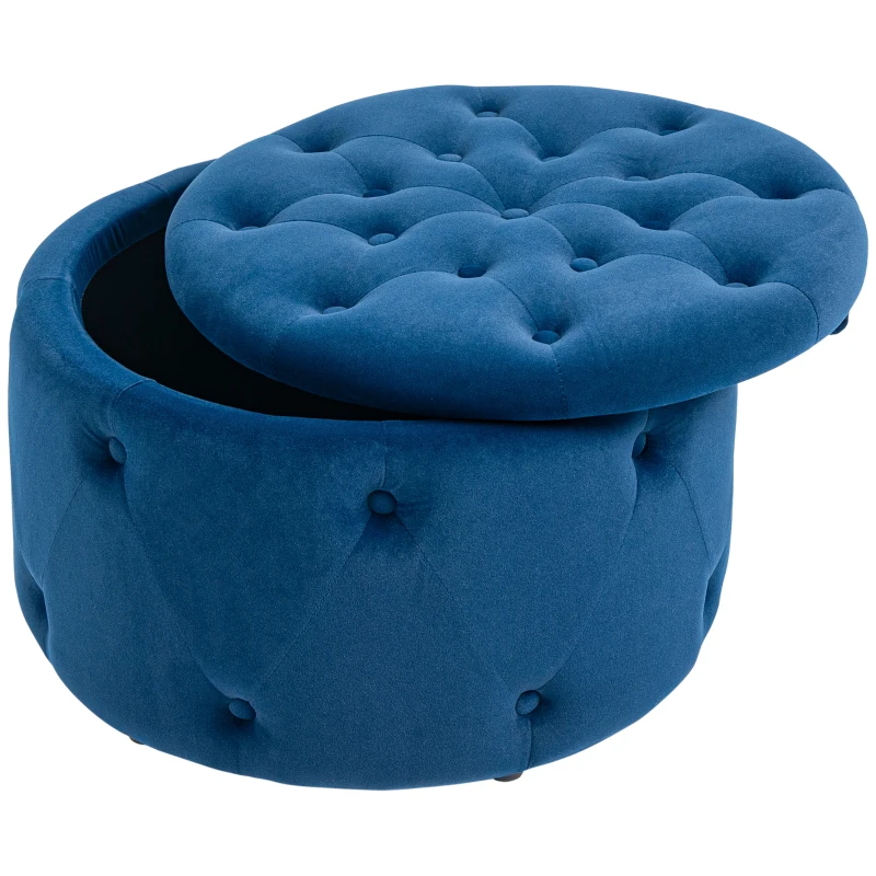 HOMCOM Hocker, rund, mit Staufach, Steppdesign mit Knöpfen, Bezug in Samtoptik, blau, 60 x 60 x 40cm