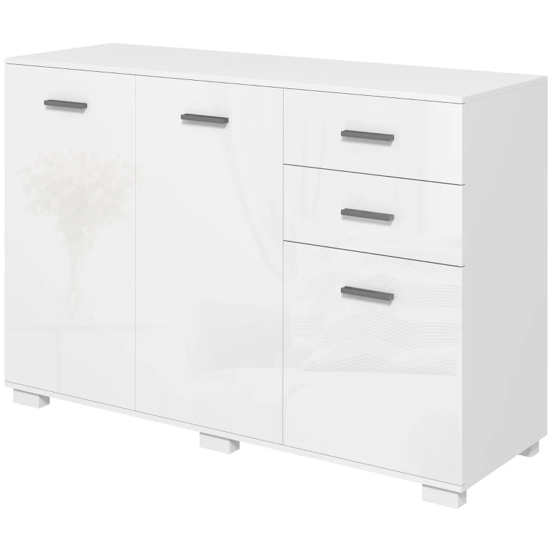 HOMCOM Sideboard, Modern Storage Cabinet with 2 Drawers, 3 Doors and Adjustable Shelves, Kitchen Cabinet for Living Room, Dining Room, High Gloss White
