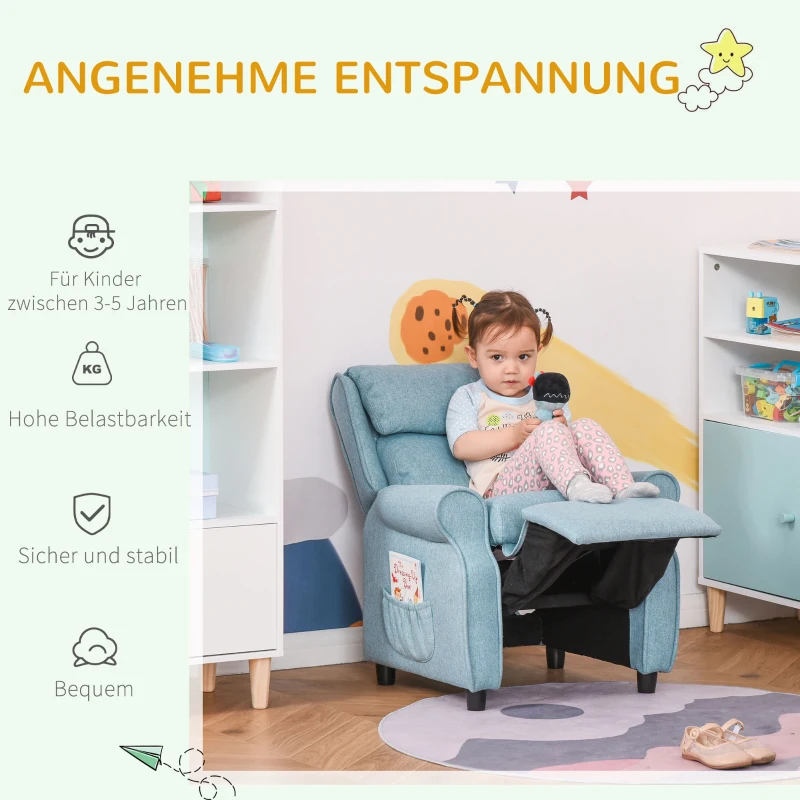 HOMCOM Kindersofa Kindersessel mit Fußstütze Armlehne verstellbare Rückenlehne Relaxsessel Kindercouch Stuhl Liegecouch Kinder Sofa für 3-5 Jahre Jungen und Mädchen Blau