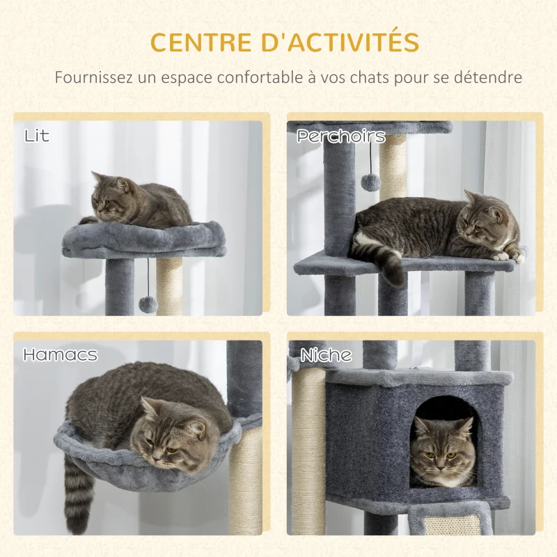 PawHut Arbre à chat centre d'activités multi-équipé griffoirs grattoir jeu boule suspendue niche plateformes gris