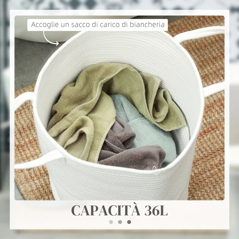 HOMCOM Cesto Portabiancheria da 36L Portatile e Pieghevole con Manici in Cotone Naturale, Ø38x45 cm, Crema