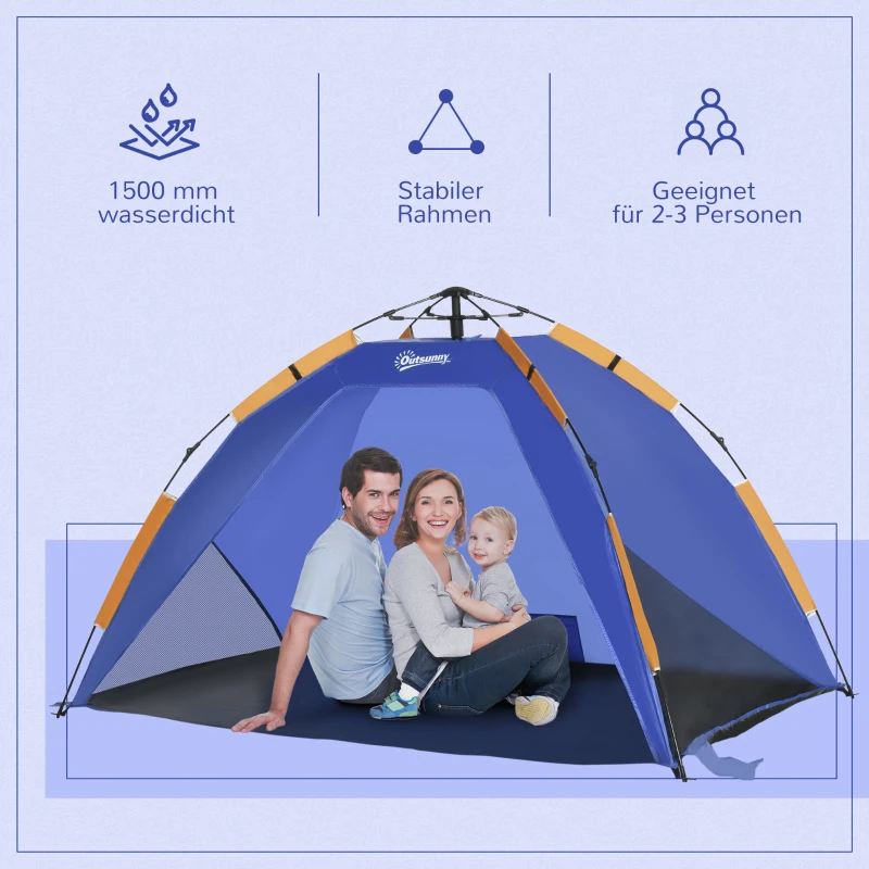 Outsunny Strandmuschel, Strandzelt, Pop up Campingzelt, Netzfenster, Tragetasche, 2-3 Personen, Fiberglas, 210 x 140 x 120 cm