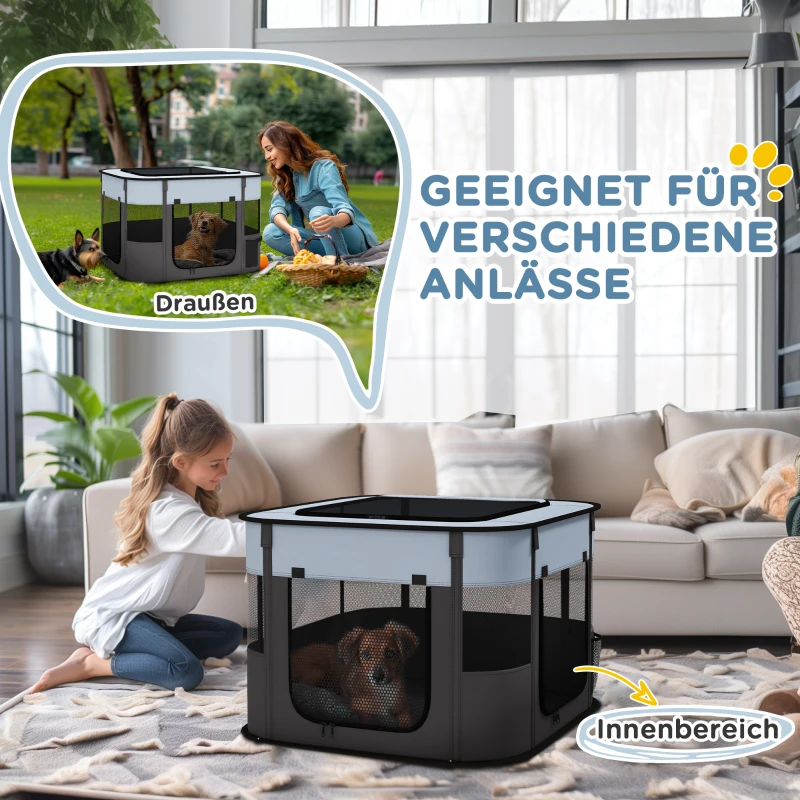 PawHut Spielgehege für Haustiere, faltbar, mit Aufbewahrungstasche, für Welpen und Kätzchen, drinnen und draußen, Grau(m-7)