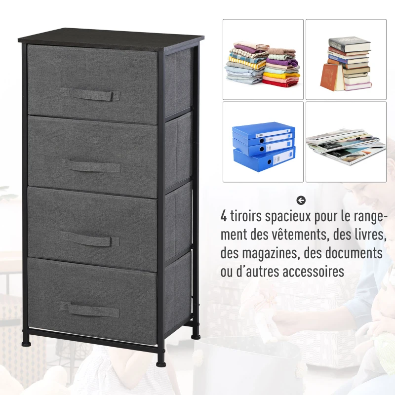 HOMCOM Commode en Tissu Meuble de Rangement 4 tiroirs chiffonnier dim. 45L x 30l x 92H cm Cadre en métal gris