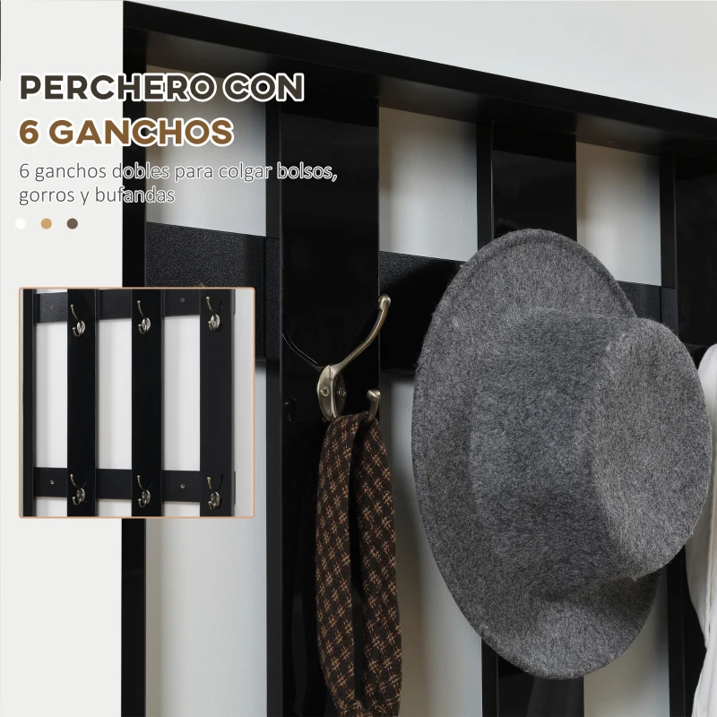 HOMCOM Recibidor con Espejo Perchero y Zapatero Muebles de Entrada con 6 Ganchos y Estantes para 8 Pares de Zapatos Negro