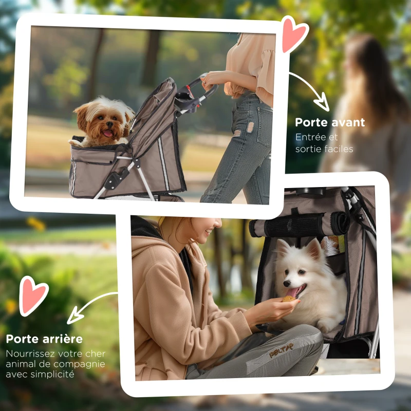 PawHut Poussette buggy pliable animaux, chariot pliant chien chat, porte-gobelet panier de rangement inclus, roues avec frein, tissu 600D Oxford acier, 75 x 45 x 97 cm marron(m-7)