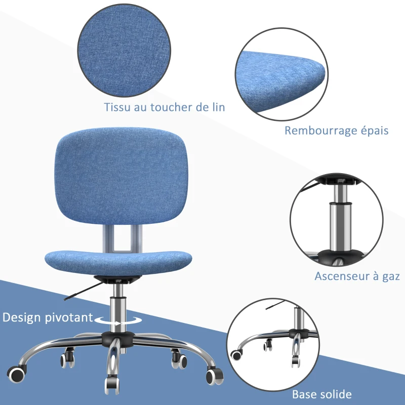 Vinsetto Fauteuil de bureau chaise travail pivotant 360° ergonomique dossier incurvé hauteur réglable 41-51 cm bleu clair