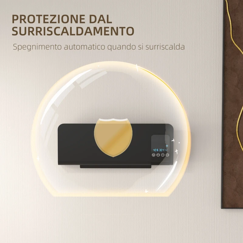 HOMCOM Termoventilatore da Parete Oscillante con Telecomando, Timer 12h e 2 Modalità, Nero