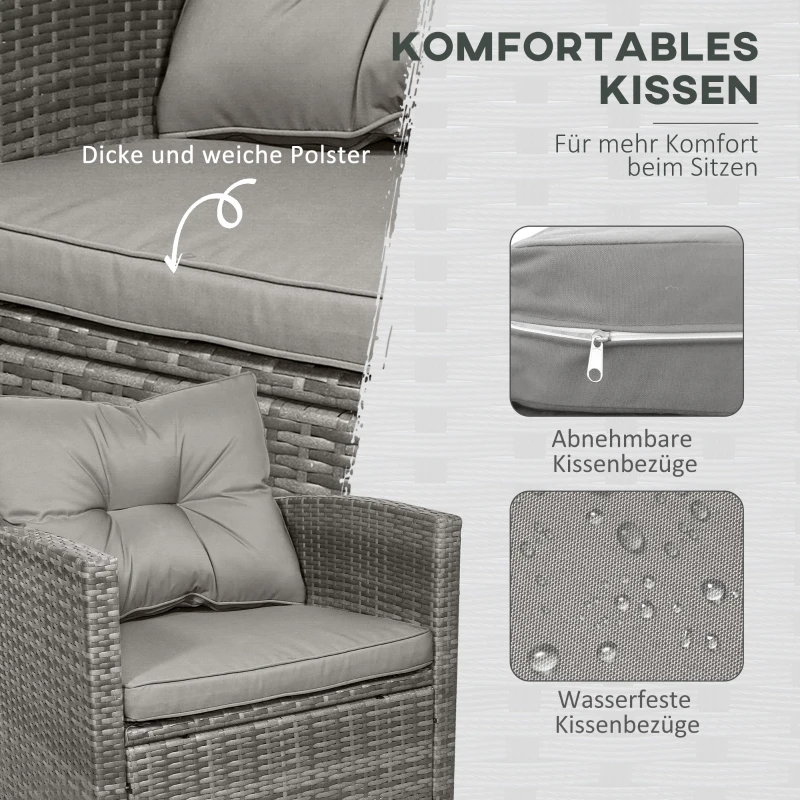 Outsunny Gartenmöbel-Set, 4-tlg., 3 Sofas, Beistelltisch, Sitzkissen, Alurahmen, PE-Rattan, Grau