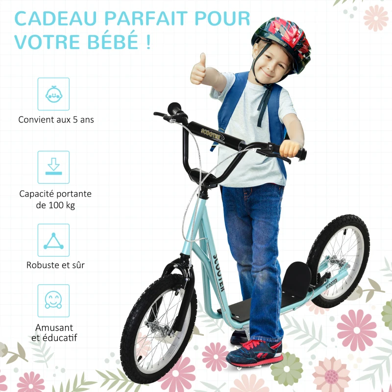 HOMCOM Trottinette patinette pour Enfants à partir de 5 Ans Grands pneus en Caoutchouc Guidon réglable poignée Frein et béquille Acier Charge max. 100 Kg Bleu