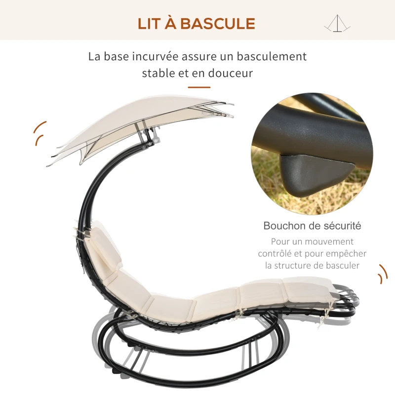 Outsunny Bain de Soleil transat à Bascule Design Contemporain avec Pare-Soleil, Matelas Grand Confort, tétière métal époxy Noir Polyester crème