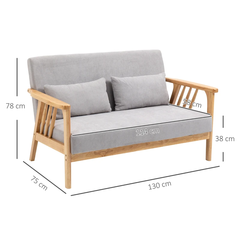 HOMCOM Sofa Relaxsofa 2-Sitzersofa, inkl. 2 Kissen, Samtoptik, Kautschukholz,  130 cm x 75 cm x 78 cm, Grau + Natur