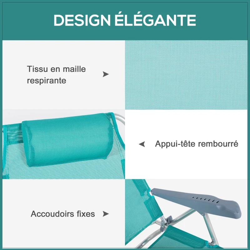 Outsunny Lot de 2 chaises de jardin pliantes chaise de pêche portable chaise de camping appui-tête dossier inclinable à 6 niveaux