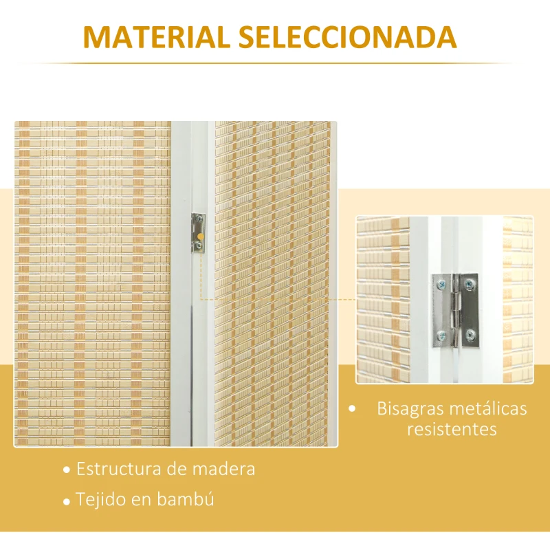 HOMCOM Biombo de 4 Paneles Plegable 180x180 cm Separador de Ambientes Tejido a Mano de Bambú Decoración para Salón Blanco
