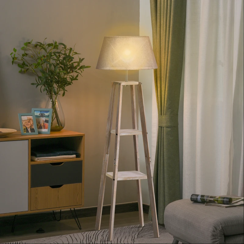 HOMCOM Lampada da Terra in Legno con 3 Ripiani e Paralume in Tessuto, 45x45x148cm, Grigio