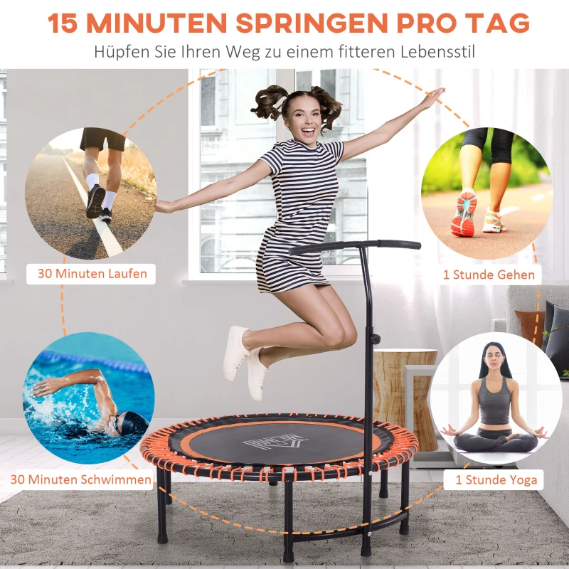 HOMCOM Trampolin, Fitness-Trampolin, Joga Gartentrampolin höhenverstellbar mit Haltegriff für Kinder und Erwachsene, Stahl+Kunststoff+EVA, Schwarz+Orange, 114,3 x 114,3 x 138 cm