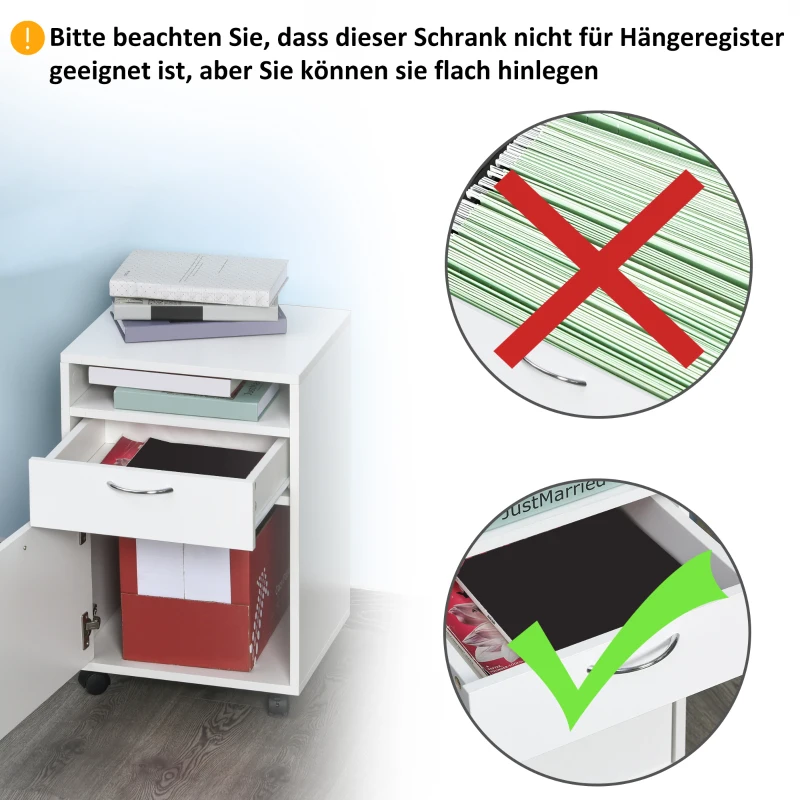 HOMCOM Rollcontainer, Aktenschrank, mit Schublade, Ablage, Schrankfach, 40x35x60cm Weiß
