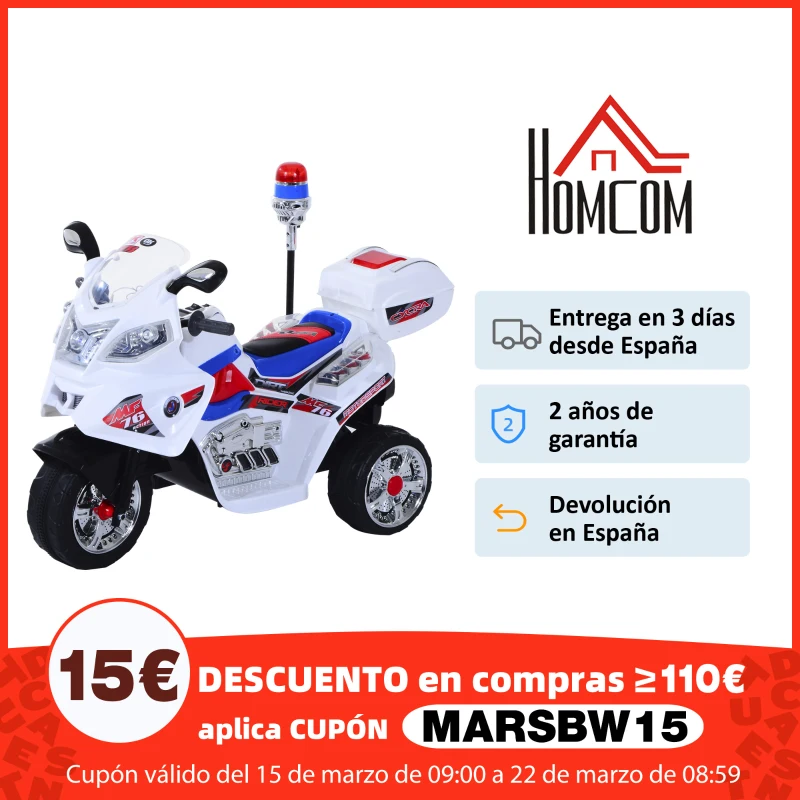 HOMCOM Moto Eléctrica Infantil Batería 6V Niños 3-8 años Coche Triciclo Niño con Caja de Almacenamiento Metal 112x51x73cm
