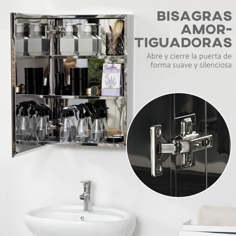 kleankin Armario de Baño con Espejo Armario de Pared con 3 Estantes de Almacenamiento para Ducha Aseo 39x12x60 cm Plata