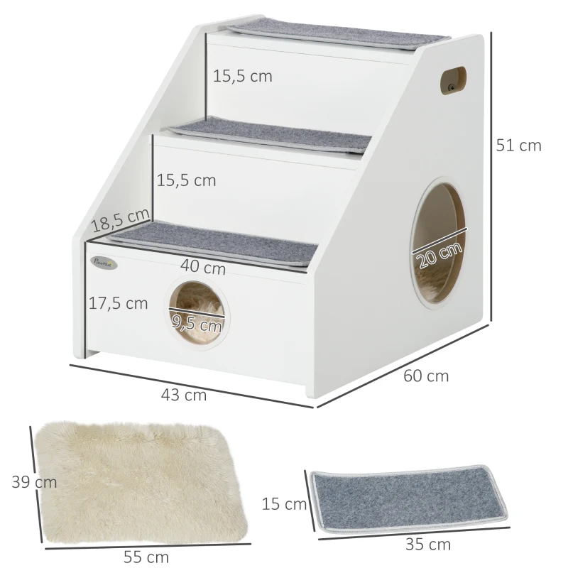 PawHut 2 in 1 Haustiertreppe Schlafhöhle 3-stufige Hunderampe Katzentreppe mit Kissen Hundetreppe Tiertreppe mit rutschfestem Teppich für kleine Hunde und Katzen Plüsch Weiß 60 x 43 x 51 cm
