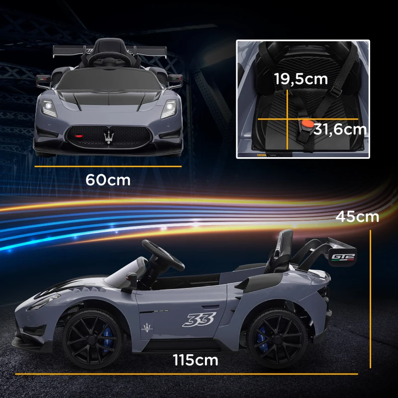 AIYAPLAY Coche Eléctrico para Niños de +3 Años Maserati GT2 con Mando a Distancia Faros LED Bocina Música Ruedas Auxiliares Gris