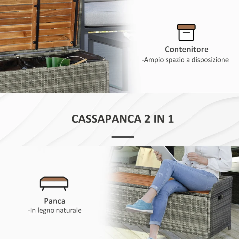 Outsunny Cassapanca da Esterno in Rattan Design 2 in 1, Baule da Esterno con Seduta in Legno, 121x50x50cm, Grigio