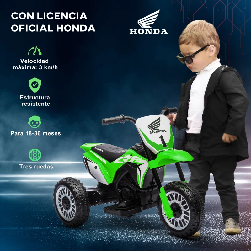 HOMCOM Moto Eléctrica Infantil con Licencia Honda CRF450RL con Velocidad 3 km/h Bocina Sonido de Arranque 71x40,5x43,5 cm Verde