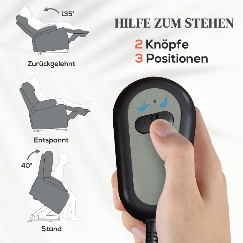 HOMCOM Elektrischer Relaxsessel mit Aufstehhilfe, Fernbedienung, weicher Schaumstoff, Seitentasche, Bezug in Leinenoptik, Grau(m-4)