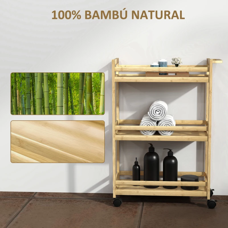 HOMCOM Estantería de Baño de Bambú de 3 Niveles Carrito Auxiliar de Almacenaje con Ruedas 55x20x75 cm Natural