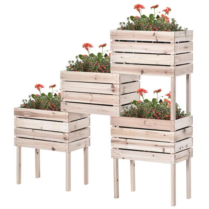 Outsunny Letto per Orto Rialzato con 4 Vasi Portapiante da 50x30x60cm, in Legno Colore Naturale