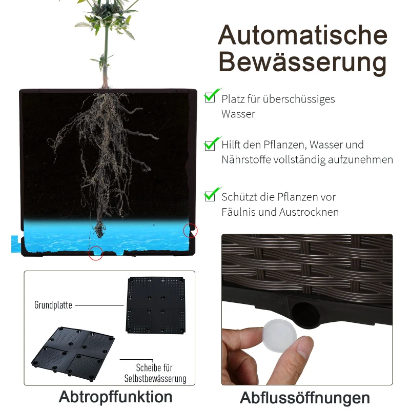 Outsunny Hochbeet, Pflanzkasten mit Abflusslöchern, Blumenkasten im Rattan-Look, Kunststoff, Braun, 40 x 40 x 44 cm